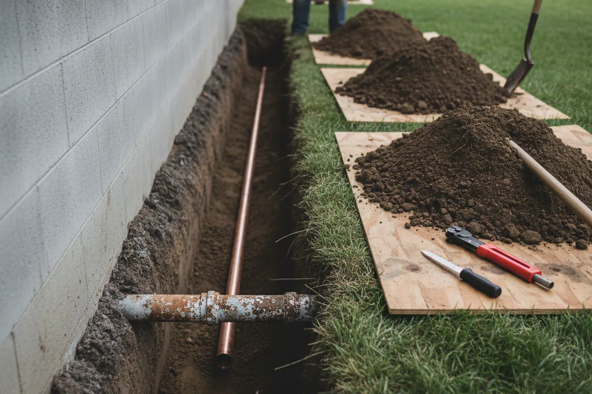 Excavated water line trench during Water Softener Installation in Harmony